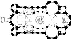 Diagram showing the geometry of the floor plan: ovals and circles meet rectangles. VierzehnheiligenPlan.jpg