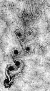 Satellite view of weather pattern in vicinity of Robinson Crusoe Islands on 15 September 1999, shows a turbulent cloud pattern called a Karman vortex street Vortex-street-1.jpg