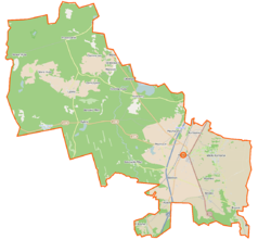Mapa konturowa gminy Warlubie, na dole nieco na prawo znajduje się punkt z opisem „Rulewo”