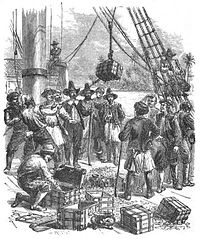 Sir William Phipps used a diving bell to salvage cargo from a sunken Spanish treasure ship. WilliamPhipsRaisingTreasure.jpg