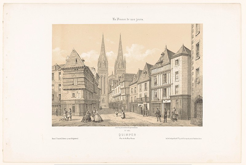 File:Zicht op de Rue Kéréon en de kathedraal in Quimper Quimper. Vue de la Rue Kerion (titel op object) Hedendaags Frankrijk (serietitel) La France de nos jours (serietitel op object), RP-P-1907-4399.jpg