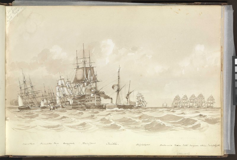 File:(Recto) Trial of sailing off Cape de Galta (Cabo de Gata), 30 July 1852, 'Trafalgar' and 'Terrible' in the foreground; (Verso) the island of Zembra, near Cape Bon, Tunisia, 2 September 1852 RMG PZ0872-001.tiff