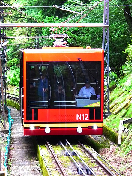 The Nankai Cable Car carries passengers up Mount Koya from the train terminal.