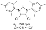 1,3-Dimesityl-4,5-dichloroimidazol-2-ylidene, the first air-stable carbene.
(View the 3D structure with external viewer.) 1,3-di-1-(2,4,6-mesityl)-4,5-dichloroimidazol-2-ylidene.png