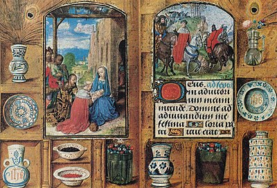 Various vessels in the border of an illuminated book of hours for Engelbert of Nassau, Flemish artist, 1470s