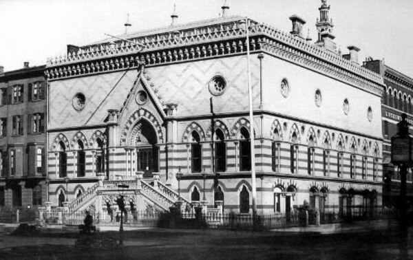 National Academy of Design in New York City, one of many Gothic revival buildings modeled on Doge's Palace in Venice, seen c. 1863–1865; this building