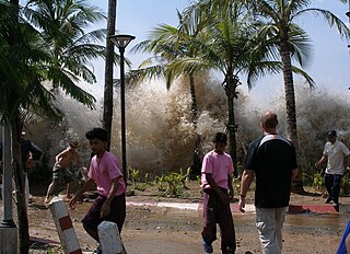 Tsunami Series of water waves caused by the displacement of a large volume of a body of water