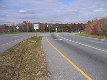 A continuous flow intersection between Maryland Route 210 and Maryland Route 228 in Accokeek, Maryland. 2006 11 14 - 228@210 - WB CFI 1.JPG