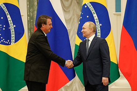 Brazilian president Jair Bolsonaro and Putin in Moscow, on 16 February 2022, few days before the war in Ukraine. The meeting was urgently scheduled by Putin to discuss and detail important points about the two countries and the world. Brazil and Russia are members of BRICS.[523]