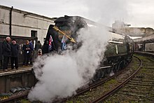 The Golden Arrow at Folkestone Harbour in 2009 34067 Tangmere Folkestone Harbour station.jpg