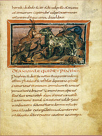 Pantteri. Sivu teoksen käsikirjoituksesta Bernin Physiologus noin vuodelta 825–850.
