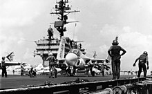 An A-6A of VA-165 preparing for launch aboard the Constellation on April 25, 1972. A-6A of VA-165 on USS Constellation (CVA-64) 1972.jpg