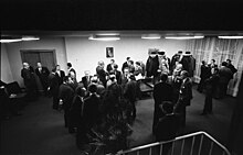 The American and Soviet delegations taking a break for refreshments during the long nighttime meeting on November 23 American and Soviet delegations take a break during the Vladivostok Summit Meeting - NARA - 7160091.jpg