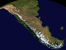 The Andes, the world's longest mountain range on the surface of the Earth, have a dramatic impact on the climate of South America Andes 70.30345W 42.99203S.jpg