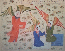 Two angels turn back and see with alarm that Iblis ('Azazil) will not bow down before Adam. Painting from a manuscript of 'Aja`ib al-makhluqat (Wonders of Creation) of al-Tusi Salmani, 14th century. Angels watching Iblis not prostrating before Adam.png