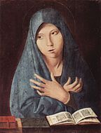 安托内罗·达·梅西那的《圣母领报（英语：Virgin Annunciate (Antonello da Messina, Munich)）》，42.5 × 32.8cm，约作于1473-1474年，1897年始藏[14]