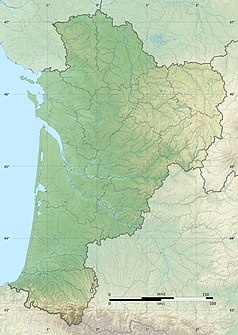 Mapa konturowa Nowej Akwitanii, po lewej nieco u góry znajduje się punkt z opisem „Żyronda”