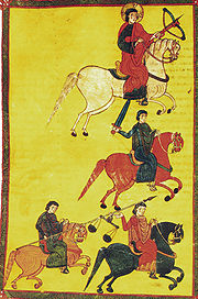 رسمة تخيلية لأربع فرسان في معركة الزلاقة عام 1086