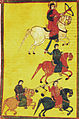 La primera representación europea de caballería usando ballestas, del manuscrito Catalán Los cuatro jinetes del Apocalipsis, 1086.