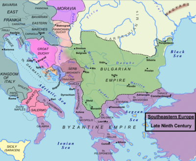 The Duchy of Croatia (in pink) and other Slavic lands of Dalmatia in 850 AD Balkans850.png