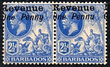 A pair of 1916 Barbados revenue stamps. The second stamp shows an error "Pennu" instead of "Penny". Barbados revenue stamps.jpg