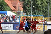 Deutsch: Beachhandball Europameisterschaften 2019 (Beach handball Euro); Tag 3: 4. Juli 2019 – Männer, Hauptrunde Gruppe II, Ungarn-Schweiz 2:0 (26:24, 27:24) English: Beach handball Euro; Day 3: 4 July 2019 – Men Main Round Group II – Hungary-Switzerland 2:0 (26:24, 27:24)