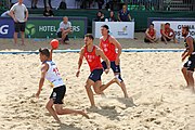 Deutsch: Beachhandball Europameisterschaften 2019 (Beach handball Euro); Tag 2: 3. Juli 2019 – Männer, Vorrunde Gruppe A, Spanien-Norwegen 1:2 (22:26, 28:22, 8:10) English: Beach handball Euro; Day 2: 3 July 2019 – Men Preliminary Round Group A - Spain-Norway 1:2 (22:26, 28:22, 8:10)