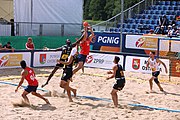 Deutsch: Beachhandball Europameisterschaften 2019 (Beach handball Euro); Tag 2: 3. Juli 2019 – Männer, Vorrunde Gruppe A, Spanien-Norwegen 1:2 (22:26, 28:22, 8:10) English: Beach handball Euro; Day 2: 3 July 2019 – Men Preliminary Round Group A - Spain-Norway 1:2 (22:26, 28:22, 8:10)