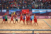 Deutsch: Beachhandball bei den Olympischen Jugendspielen 2018; Tag 5, 10. November 2018; Jungen, Hauptrunde - Ungarn-Portugal 0:2 English: Beach handball at the 2018 Summer Youth Olympics at 11 October 2018 – Boys Main Round – Hungary-Portugal 0:2