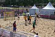 Deutsch: Beachhandball bei den Olympischen Jugendspielen 2018; Tag 4, 10. Oktober 2018; Jungs, Vorrunde, Gruppe B - Portugal-Paraguay 2:0 English: Beach handball at the 2018 Summer Youth Olympics at 10 October 2018 – Boys Preliminary Round Group B – Portugal-Paraguay 2:0