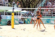 Deutsch: Beachvolleyball bei den Olympischen Jugendspielen 2018; Tag 9, 15. Oktober 2018; Mädchen, Viertelfinale: USA-Spanien 2–1 (21–19/17–21/15–9) English: Beach volleyball at the 2018 Summer Youth Olympics at 15 October 2018 – Girls Quarterfinals: USA-Spain 2–1 (21–19/17–21/15–9)