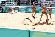 Deutsch: Beachvolleyball bei den Olympischen Jugendspielen 2018; Tag 9, 15. Oktober 2018; Mädchen, Viertelfinale: USA-Spanien 2–1 (21–19/17–21/15–9) English: Beach volleyball at the 2018 Summer Youth Olympics at 15 October 2018 – Girls Quarterfinals: USA-Spain 2–1 (21–19/17–21/15–9)