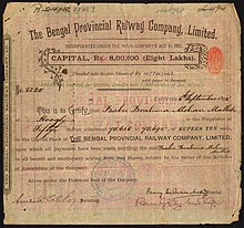 The certificate of a shareholder in the Bengal Provincial Railway Company Limited Bengal Provincial Railway Co. Ltd., certificate.jpg