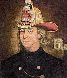 Benjamin Franklin, the Fireman, ca 1850. Charles Washington Wright. Franklin is depicted in the fire helmet worn by the Union Fire Company. The painting contains a significant anachronism. The fire helmet depicted was not invented until more than thirty years after Franklin's death. Benjamin Franklin, The Fireman.jpg