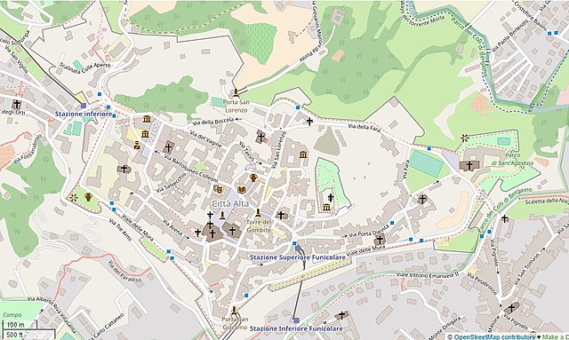 Mapa ng lumang pinapaderang Mataas na Lungsod ng Bergamo