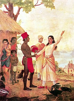Bisma (kanan) bersumpah tak akan menikah seumur hidupnya. Lukisan karya Raja Ravi Varma.