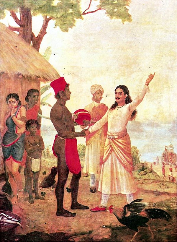 Bhishma's Oath, a painting by Raja Ravi Varma. Bhishma (earlier known as Devavrata) pledges to be celibate before Satyavati and her family.