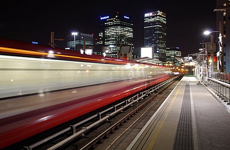 A DLR train at Blackwall station.