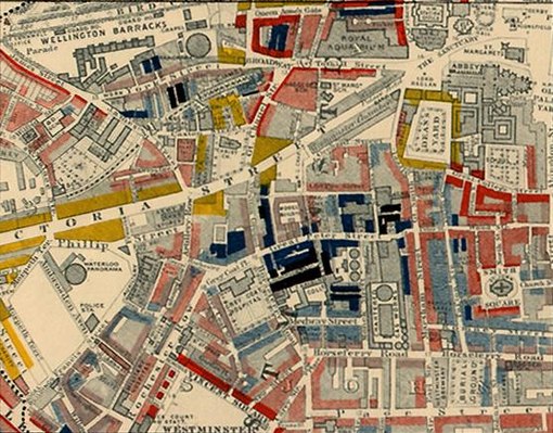 Part of Charles Booth's poverty map showing Westminster in 1889. The colours of the streets represent the economic class of the residents: Yellow ("Upper-middle and Upper classes, Wealthy"), red ("Lower middle class – Well-to-do middle class"), pink ("Fairly comfortable good ordinary earnings"), blue ("Intermittent or casual earnings"), and black ("lowest class occasional labourers, street sellers, loafers, criminals and semi-criminals"). Booth coloured Victoria Street, with its new shops and flats, yellow. The model dwellings built by the Peabody Trust on the side streets off Victoria Street appear as  pink and grey, signalling modest respectability, while the black and blue streets represent the remaining slum areas housing the poorest.[15]