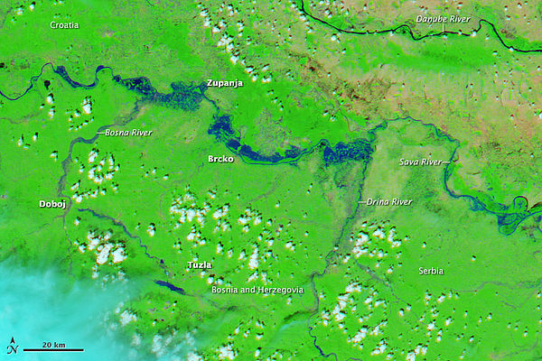 Severe flooding in the region seen by the Moderate Resolution Imaging Spectroradiometer (MODIS) on NASA's Aqua satellite, 19 May 2014.