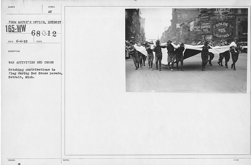 File:Boy's Activities - Parades - War Activities Red Cross. Catching contributions in flag during Red Cross parade, Detroit, Mich - NARA - 20808556.jpg