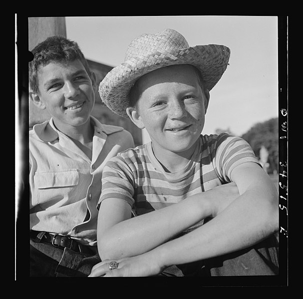 File:Boys recruited to work on the farms during the summer waiting to be picked up 8d31693v.jpg