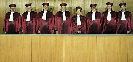 First senate of the Federal Constitutional Court in 1989 wearing court dress. Fourth from the left is Roman Herzog, head of the court and later President of Germany.