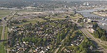 Burkeville (foreground) viewed from a plane departing Vancouver International Airport. Burkeville 2018-05.jpg