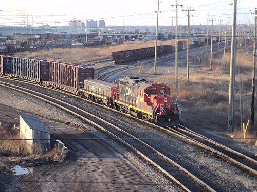 CN rail yard, locomotive and slug, Concord, Ontario.