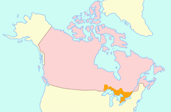 Map of Upper Canada (in orange) with 21st-century Canada (in pink) surrounding it