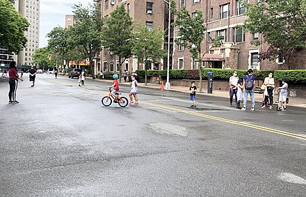 A car-free play street in New York during the COVID-19 pandemic, May 2020