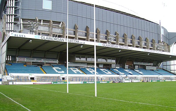 Cardiff Arms Park in the foreground and the Principality Stadium in the background