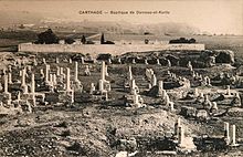 Remains of the Basilica of Damous El Karita in Carthage, a church that experienced a substantial expansion during the 6th century. Approxiimately 14.000 fragments of inscriptions were found during the discovery of the church some time between 1876 and 1892. Carte postale Damous el Karita Carthage 3.jpg