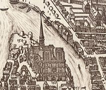 L'église Saint-Denis-du-Pas, derrière la cathédrale, sur le plan de Claes Jansz Visscher (1618)